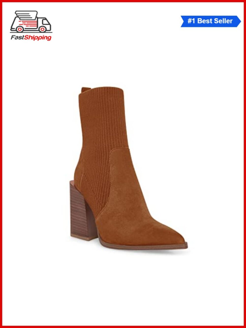 ✨ Chunky Stacked Heel Pointed Toe Slip On Ribbed Knit Sock Ankle Booties